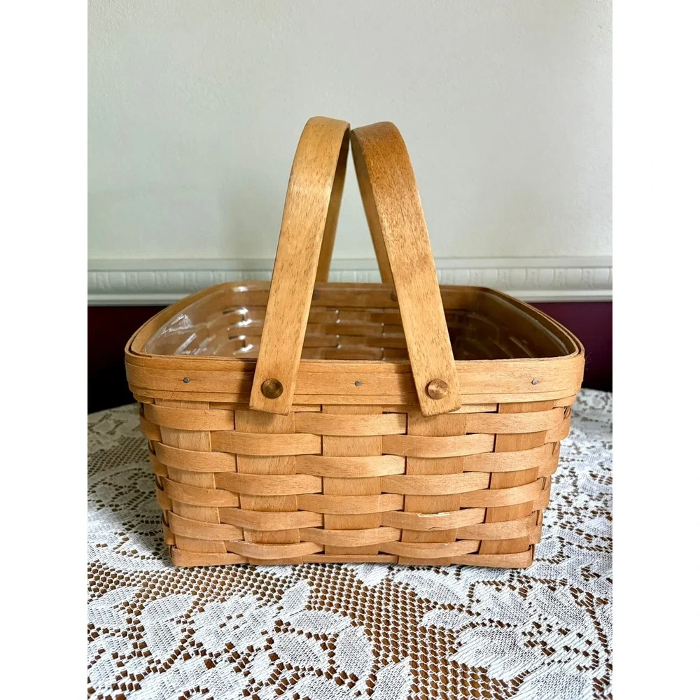 Longaberger 1992 Handwoven Square Cake Basket Dual Handle Liner USA Made 12x12x6
